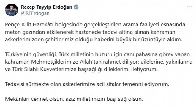 Erdoğan’dan şehitler için taziye mesajı