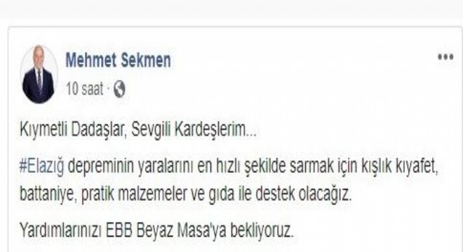 Sekmen’den depremzedelere yardım çağrısı