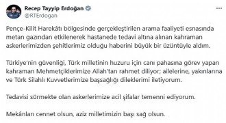 Erdoğan’dan şehitler için taziye mesajı